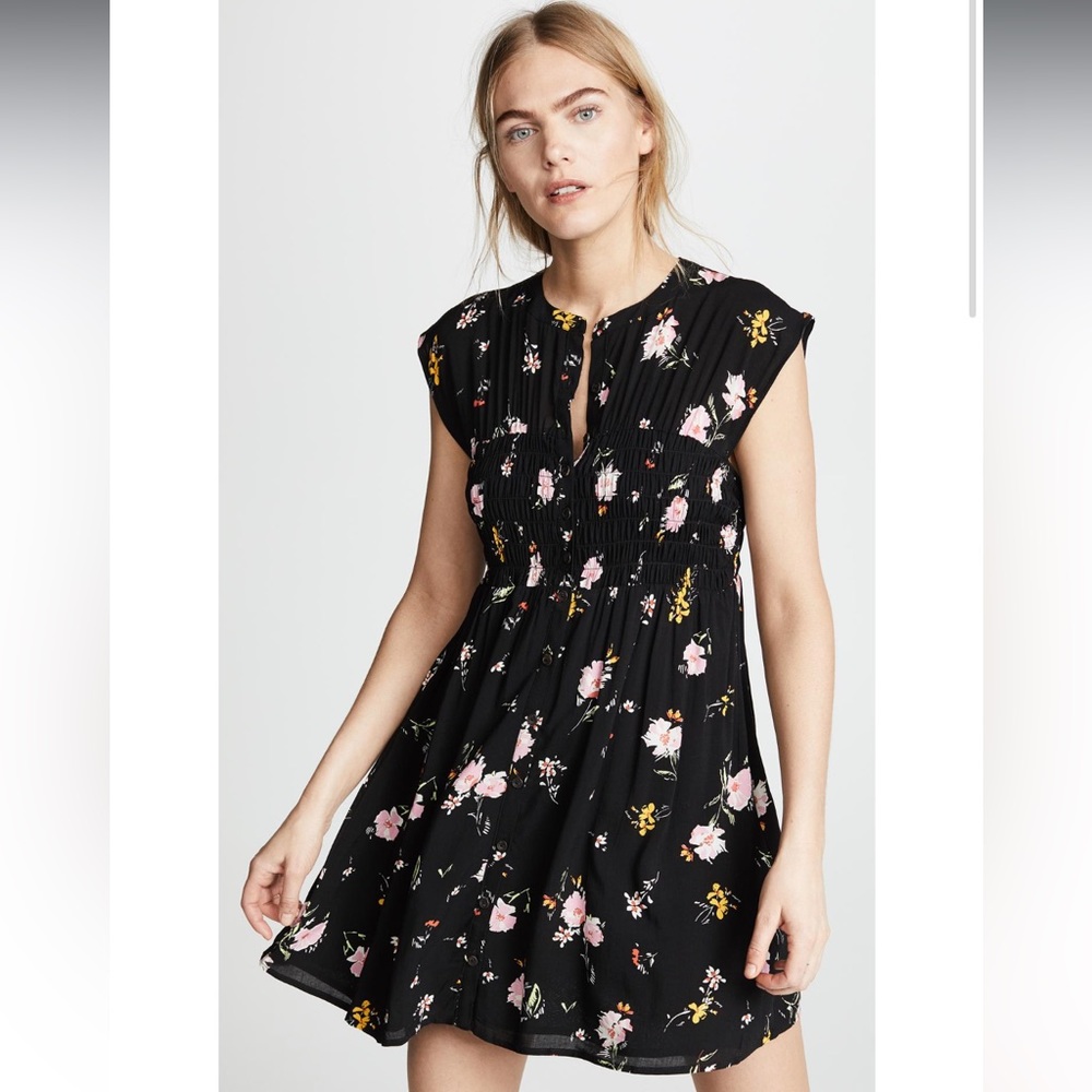 FREE PEOPLE Greatest Day Black + Pink Floral Button Down Mini Dress Medium